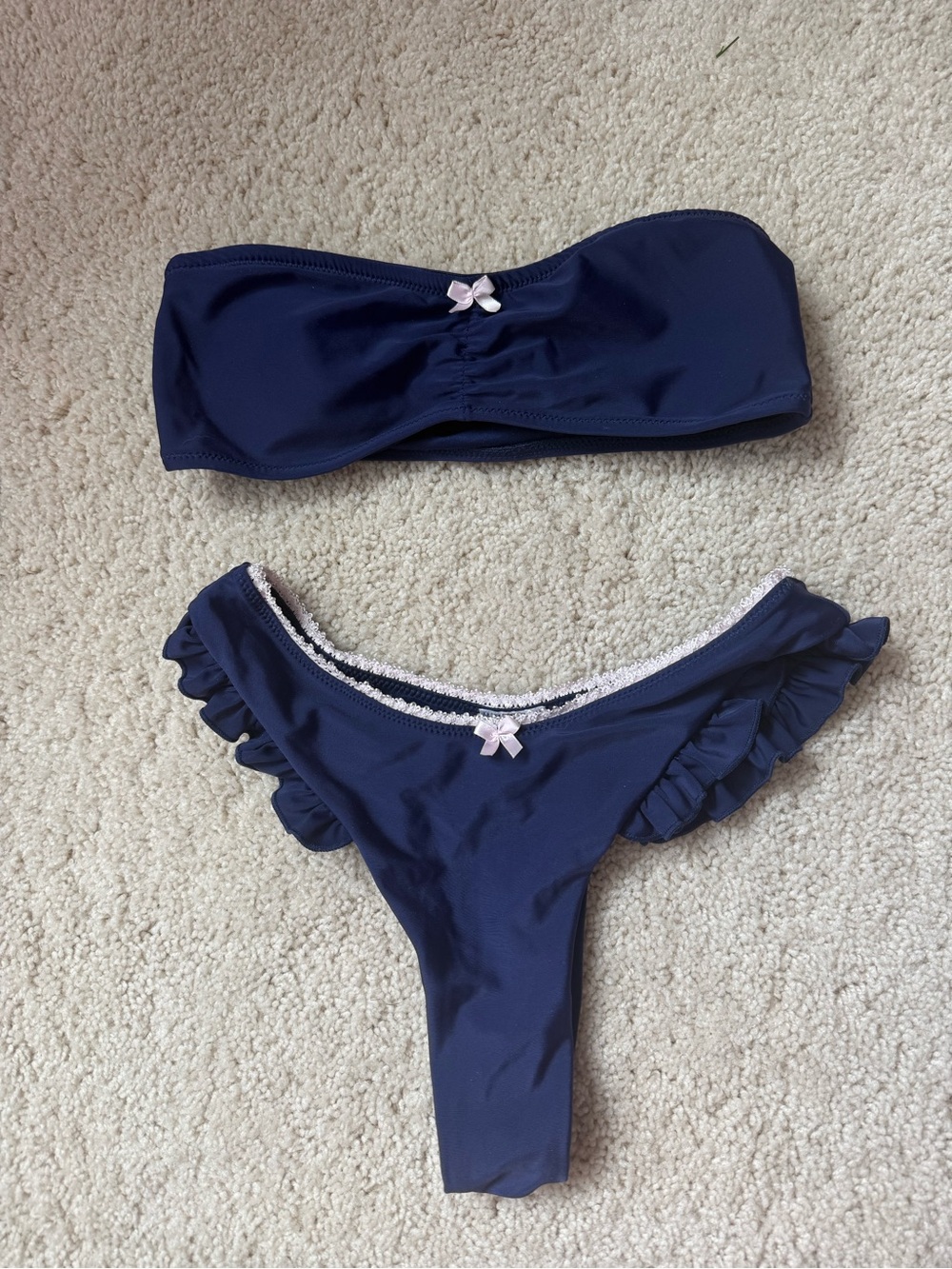 Edikted Navy Ruffle Bikini Set with Pink Bow Accent